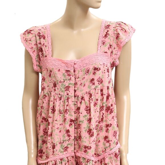 Free people Alessia Print Mini Dress Floral Flutter Sleeve Lace Cotton S 283601 - Picture 5 of 8
